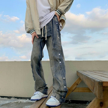 Aidase New Winter Loose Straight Jeans Men Fashion Double Side Button Streetwear Casual Hip Hop Trousers Wide Leg Vintage Blue Pants aidase-shop